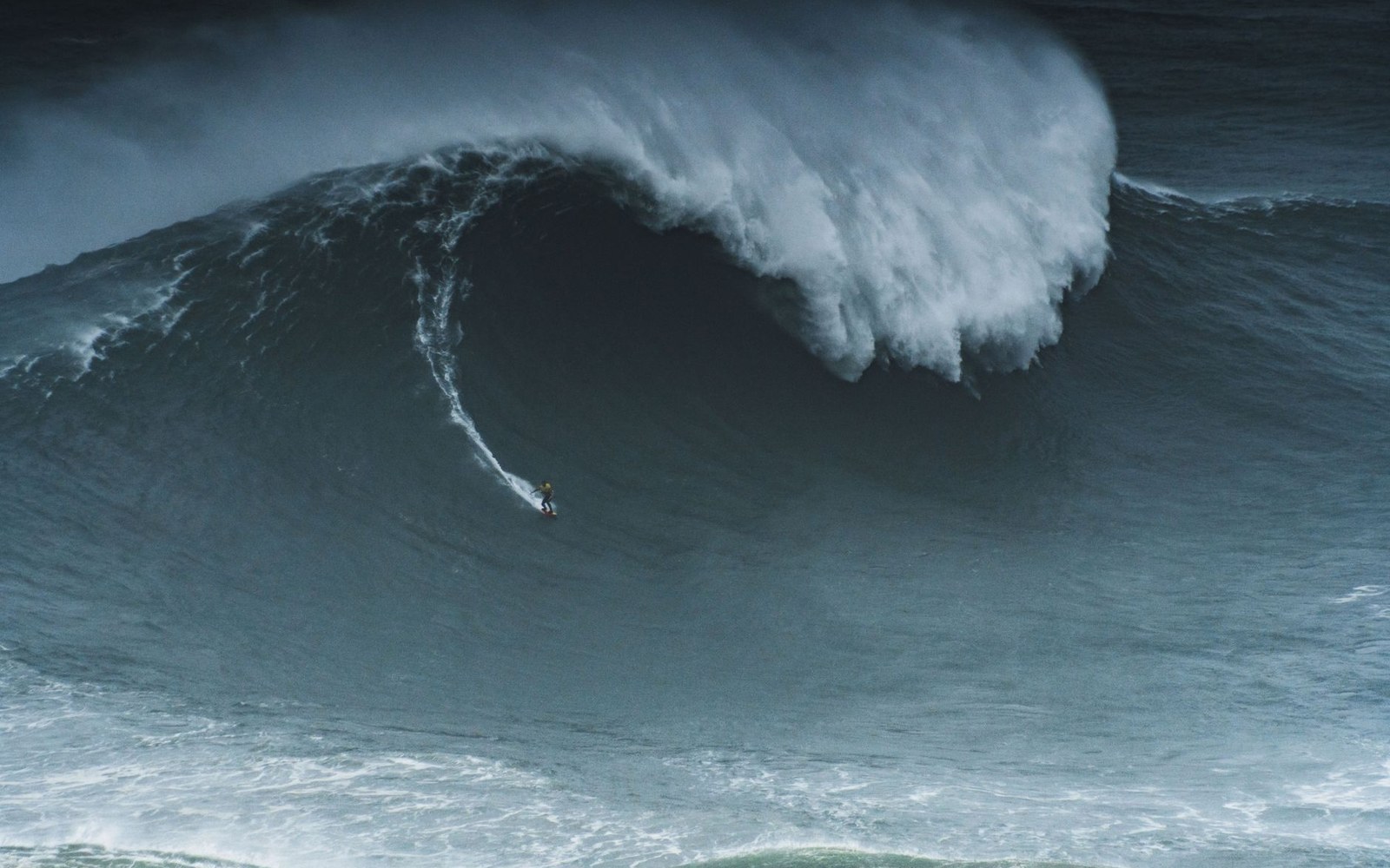 A lone surfer rides a massive curling wave dwarfing them in size