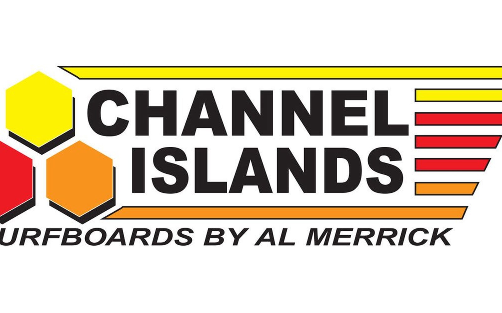 Channel Islands surfboards logo with yellow, red and orange hexagons and stripes