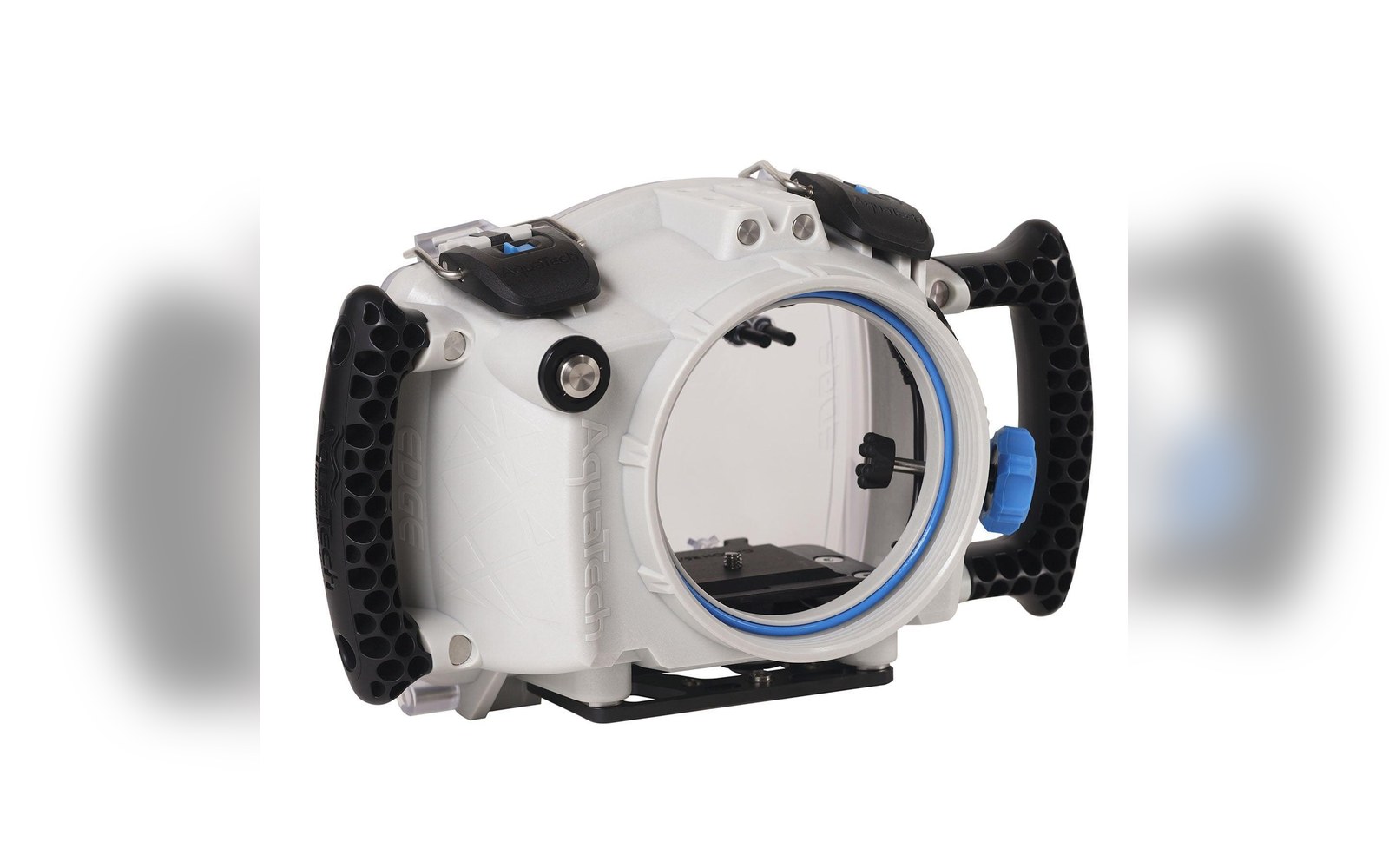 White underwater camera housing with dual grip handles and a blue-sealed lens port