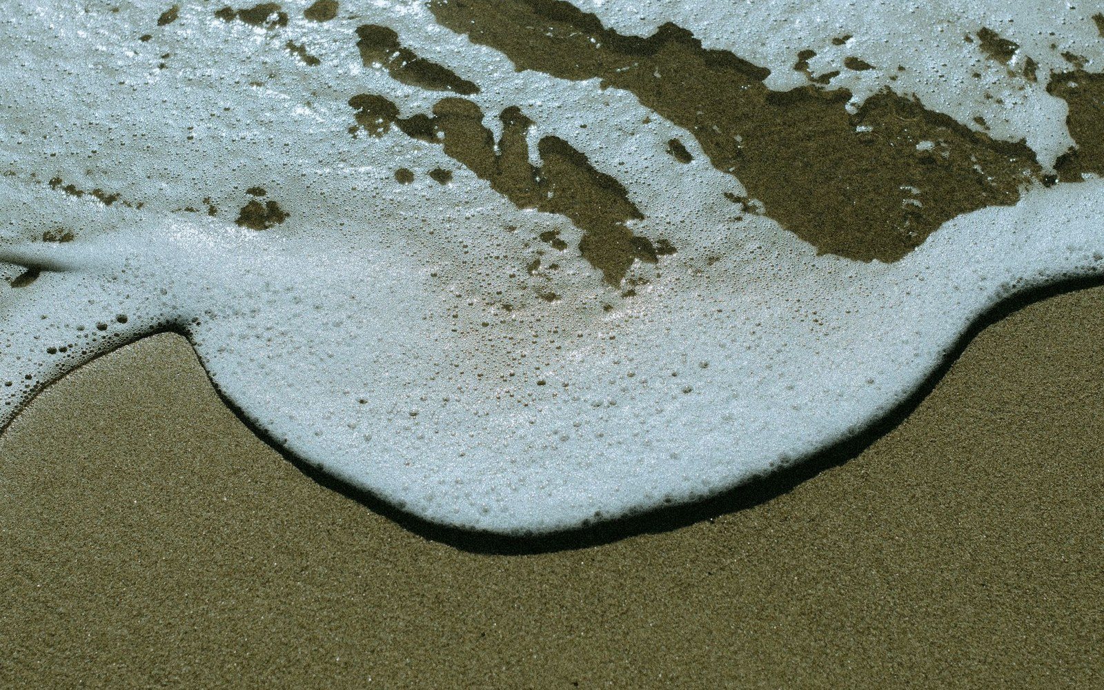 An Aquatech water housing resting on wet sand at the waterline, port beaded with saltwater, at first light